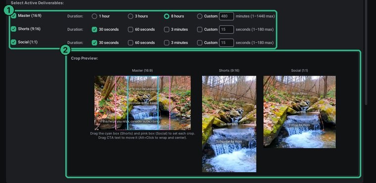 Infinireel screen: choosing Master, Shorts and Social lengths, with a crop preview of a forest waterfall in three formats