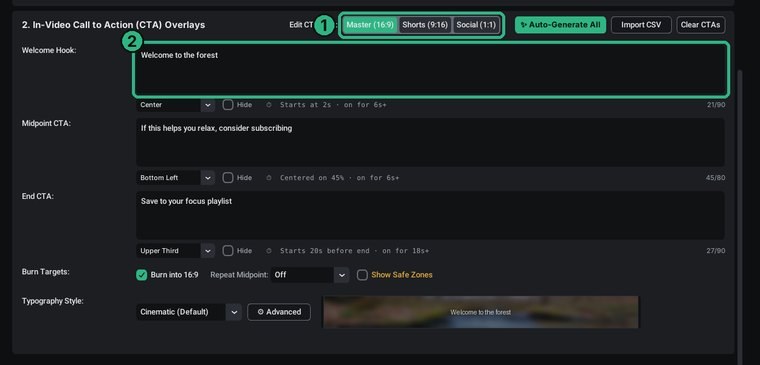 Infinireel screen: welcome, midpoint and end call-to-action text for the Master video