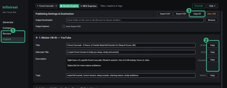 Infinireel screen: AI-written YouTube title, description and tags with Copy buttons